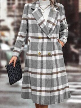 Double Breasted Brown Plaid Coat Size Medium Pockets and kick pleat